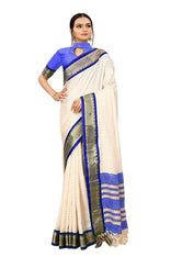Winklecart Womens Cotton Silk Solid/Plain Ikkat Saree with Unstitched Blouse Piece (Blue) (NIKH)