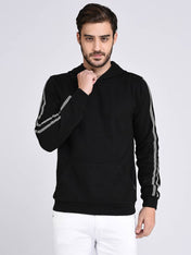 Black Fleece With Stripe Tape Patch On Sleeve Hooded Sweatshirt-Full
