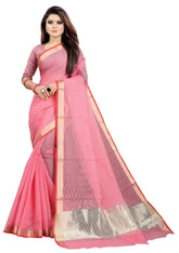 Stylish Kota Doriya Cotton Pink Zari Border Saree With Blouse Piece
