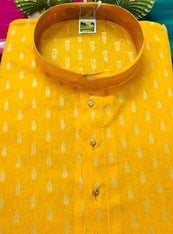 Stylish Yellow Cotton Printed Design Knee Length Kurtas For Men And Boys