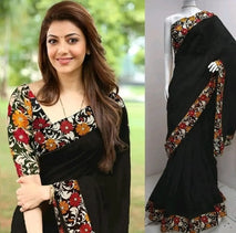 Stylish Cotton Blend Black Floral Print Border Saree With Blouse Piece For Women