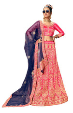 Elegant Pink Satin Silk Embroidered Lehenga Choli with Dupatta Set For Women