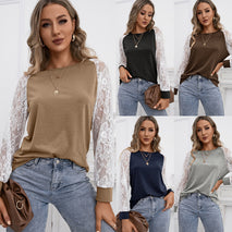 Hollow Lace Stitching Long-sleeved Round Neck T-shirt Women