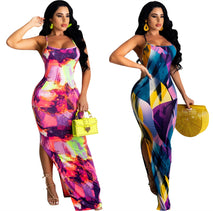 Summer New European And American Women's Clothing Slim Strap Painted Print Dress