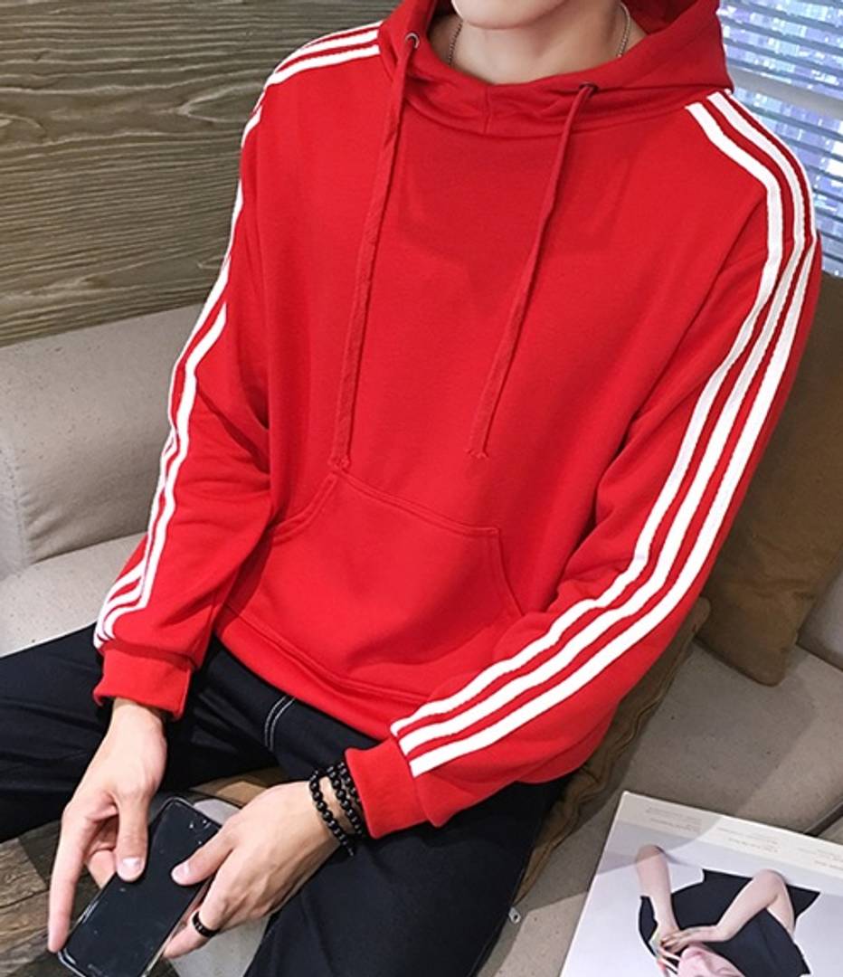 Men's Red Fleece Self Pattern Long Sleeves Regular Sports Hooded Sweatshirt