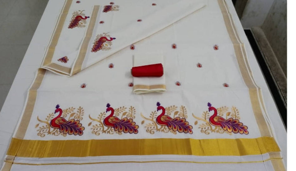 Attractive Cotton Blend Embroidered Kasavu Kerala Saree with Blouse piece