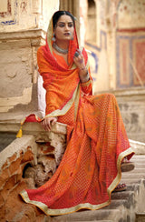 Women's Orange Georgette Bandhani Prints Saree with blouse piece