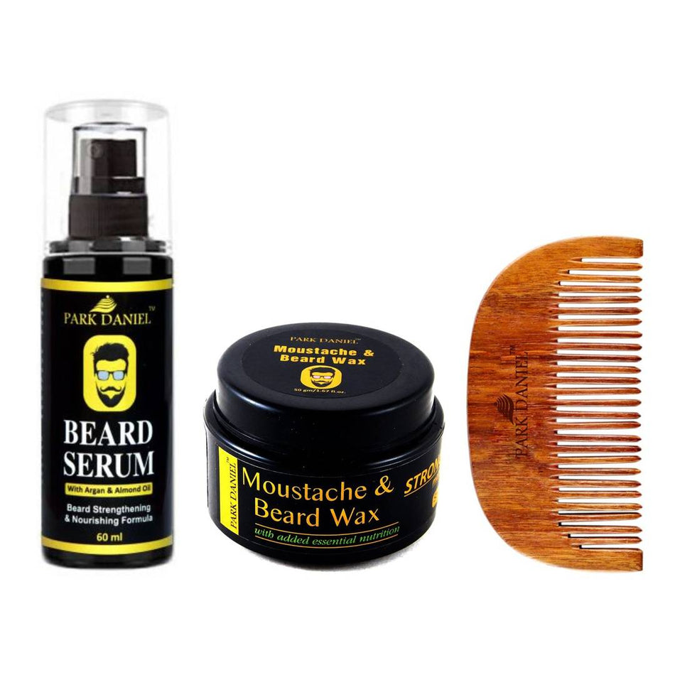 Combo Pack of Beard Growth Serum 60ml,Moustache And Beard Wax 50gm And Handcrafted Wooden Beard Comb