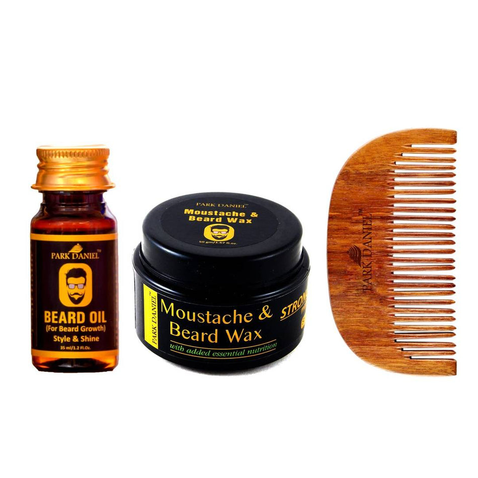 Combo Pack of Beard Oil 35ml, Moustache And Beard Wax 50gm And Handcrafted Wooden Beard Comb