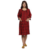 Woolen Red Checked Round Neck 3/4 Sleeves Maternity Dress For Women