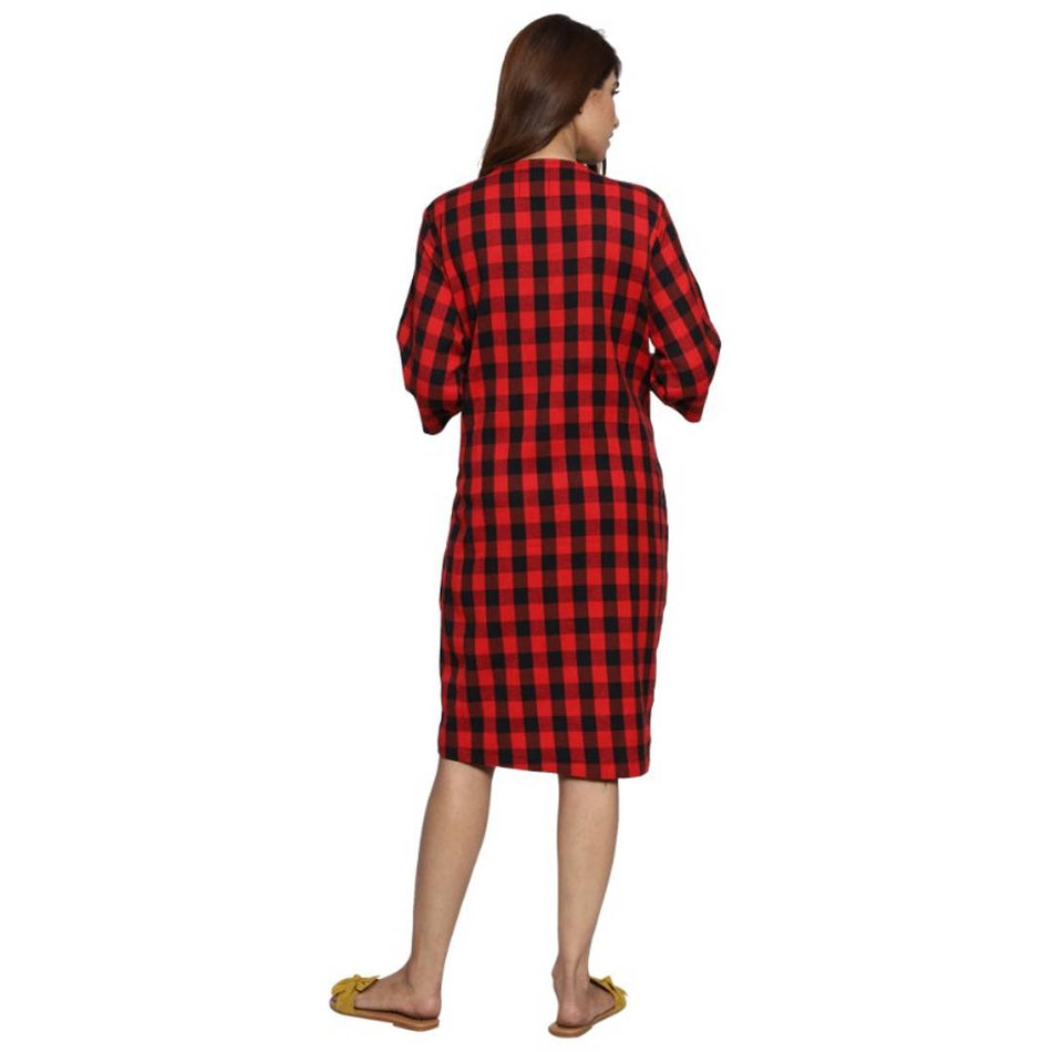 Woolen Red Checked Round Neck 3/4 Sleeves Maternity Dress For Women