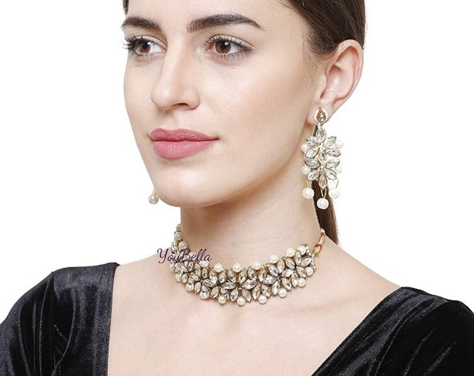 Stylish Golden Alloy Beads Choker Necklace With Mangtikka And Earring Set