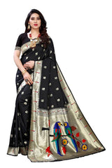 Womens Paithani Silk Saree With Unstitched Blouse Piece