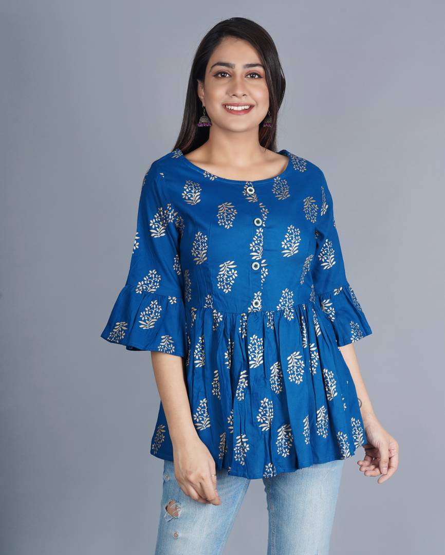 Stylish Rayon Royal Blue Foil Print Round Neck Bell Sleeves Top For Women