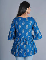 Stylish Rayon Royal Blue Foil Print Round Neck Bell Sleeves Top For Women