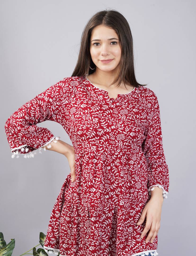 Stylish Rayon Maroon Floral Print Round Neck Bell Sleeves Top For Women