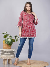 Stylish Rayon Maroon Floral Print Round Neck Bell Sleeves Top For Women