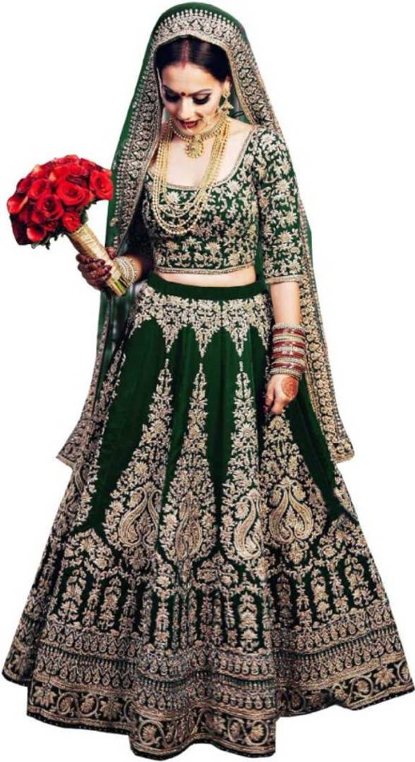 Womens Wedding New Embroidered Silk Lehenga Choli bottol green