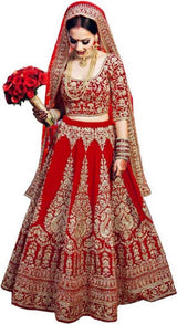 Womens Wedding New Embroidered Silk Lehenga Choli red