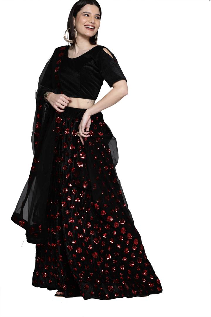 Stylish Women Red and Black Semi-Stiched Fancy Designer Round Flower Pattern Sequence Work Along With Can Can And Stylish Dupatta And Blouse Border Work Velvet Lehenga Choli (MRSSKTMBR7641)