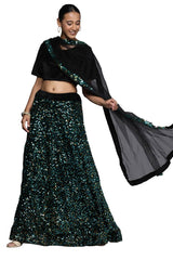 Stylish Women Golden and Green (Black) Semi-Stiched Fancy Designer Multi Random Pattern Sequence Work Along With Can Can And Stylish Dupatta And Blouse Border Work Velvet Lehenga Choli (MRSSKTMBJ7651)