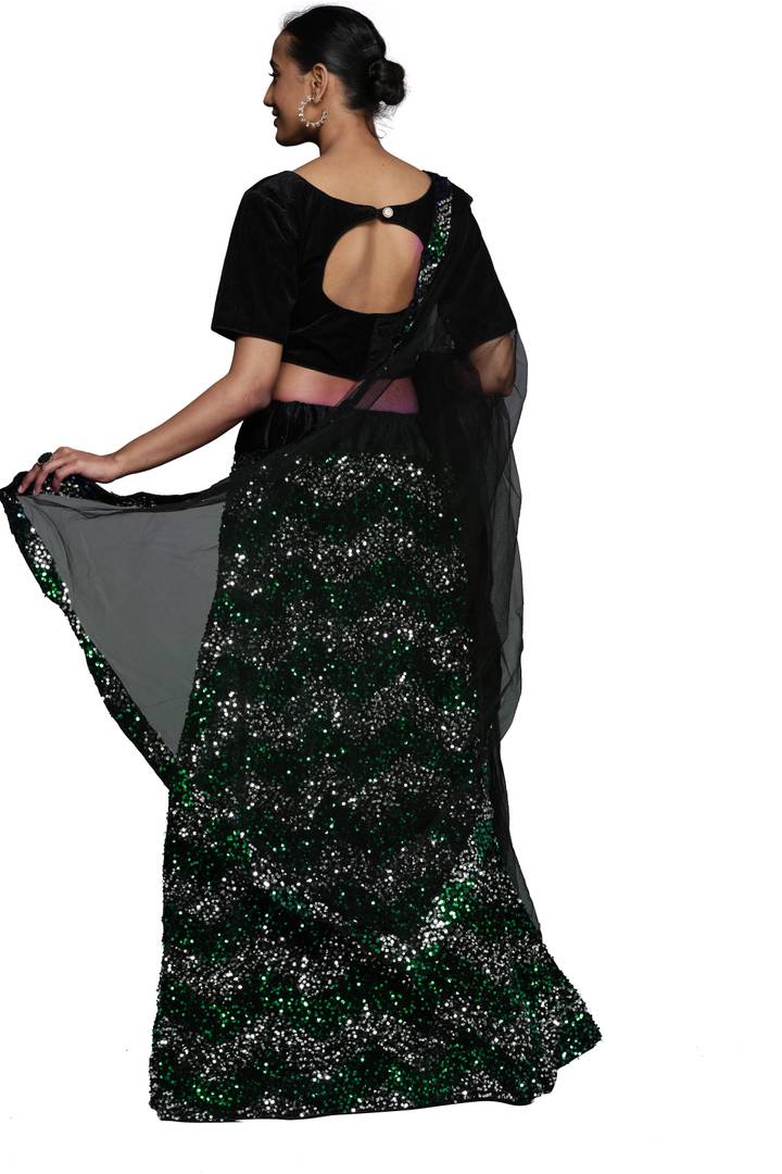 Stylish Women Silver and Green (Black) Semi-Stiched Fancy Designer Multi Laheriya Pattern Sequence Work Along With Can Can And Stylish Dupatta And Blouse Border Work Velvet Lehenga Choli (MRSSKTMBW7665)