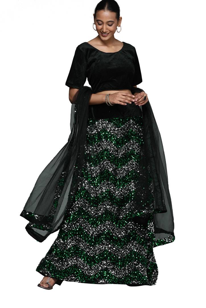 Stylish Women Silver and Green (Black) Semi-Stiched Fancy Designer Multi Laheriya Pattern Sequence Work Along With Can Can And Stylish Dupatta And Blouse Border Work Velvet Lehenga Choli (MRSSKTMBW7665)
