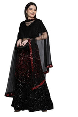 Stylish Women Red and Black Semi-Stiched Fancy Designer Padding Sequence Work Along With Can Can And Stylish Dupatta And Blouse Border Work Velvet Lehenga Choli (Sktmbf7671)