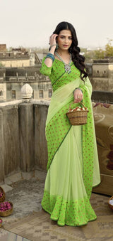 Stylish Green Georgette Embroidered Women Saree with Blouse piece