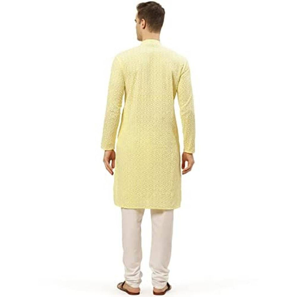 Jompers Men's Yellow & White Embroidered Straight Kurta Pyjama Set. ( Yellow, L )