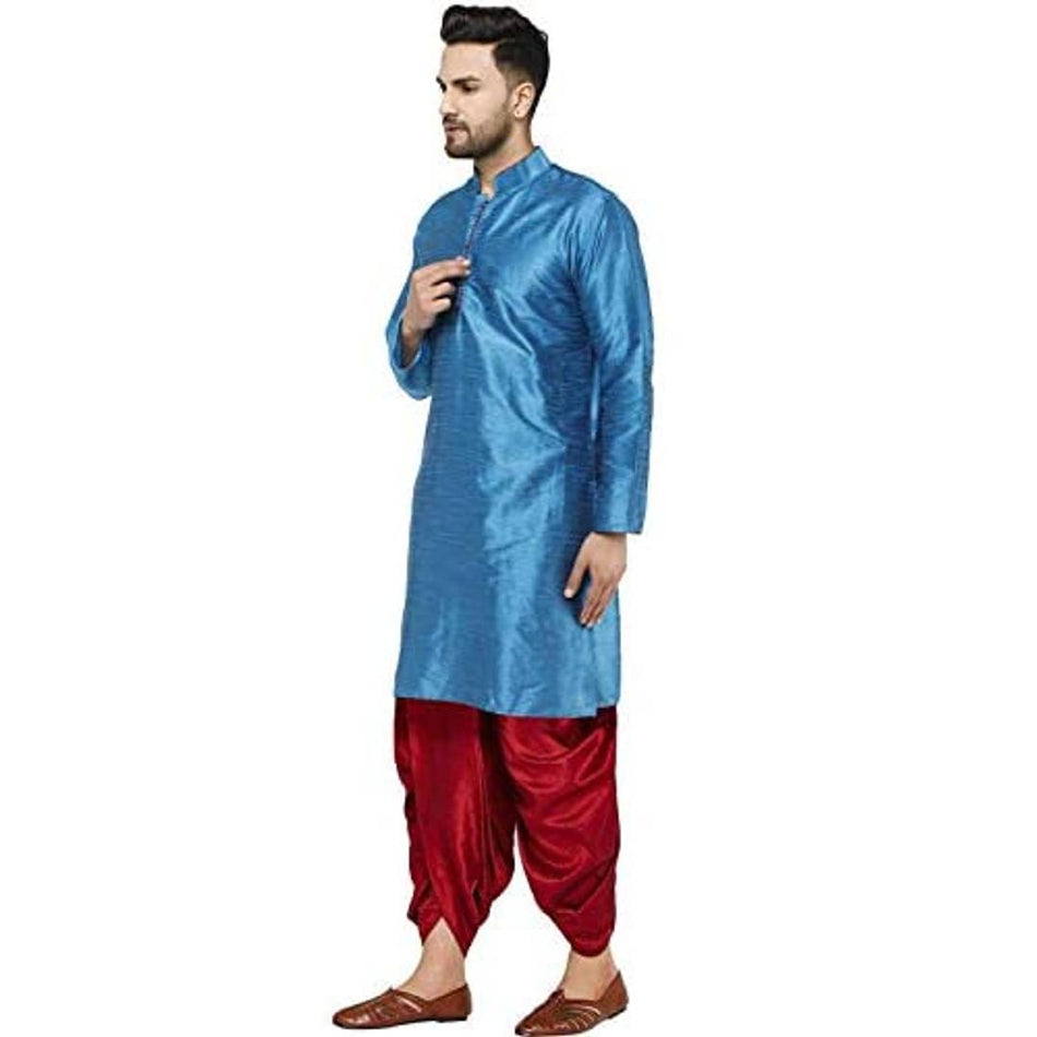 SKAVIJ Men's Art Silk Dhoti Kurta Set Ethnic Dress turquoise_L