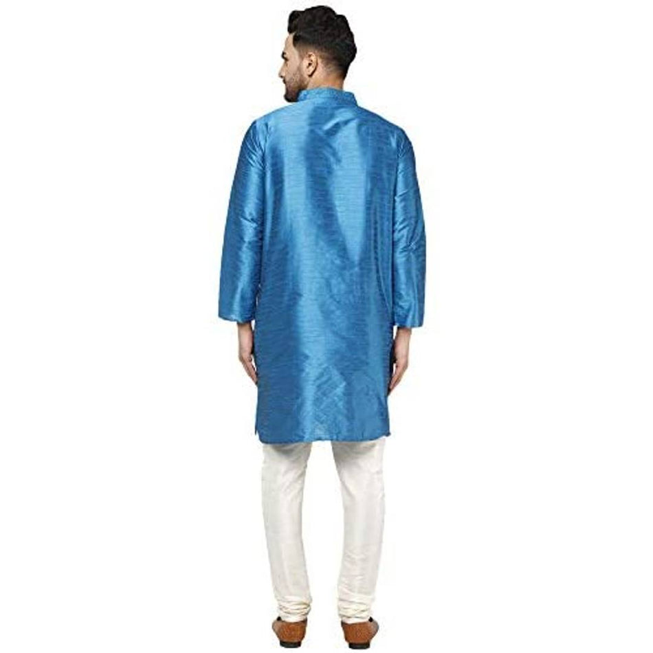 SKAVIJ Men Art Silk Regular Kurta Pajama Wedding Dress Set Turquoise_Small