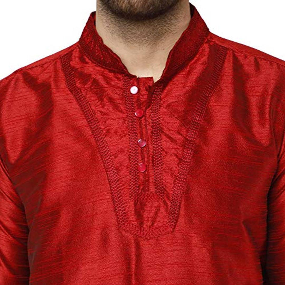 SKAVIJ Men's Art Silk Dhoti Kurta Set Ethnic Dress Red_XL