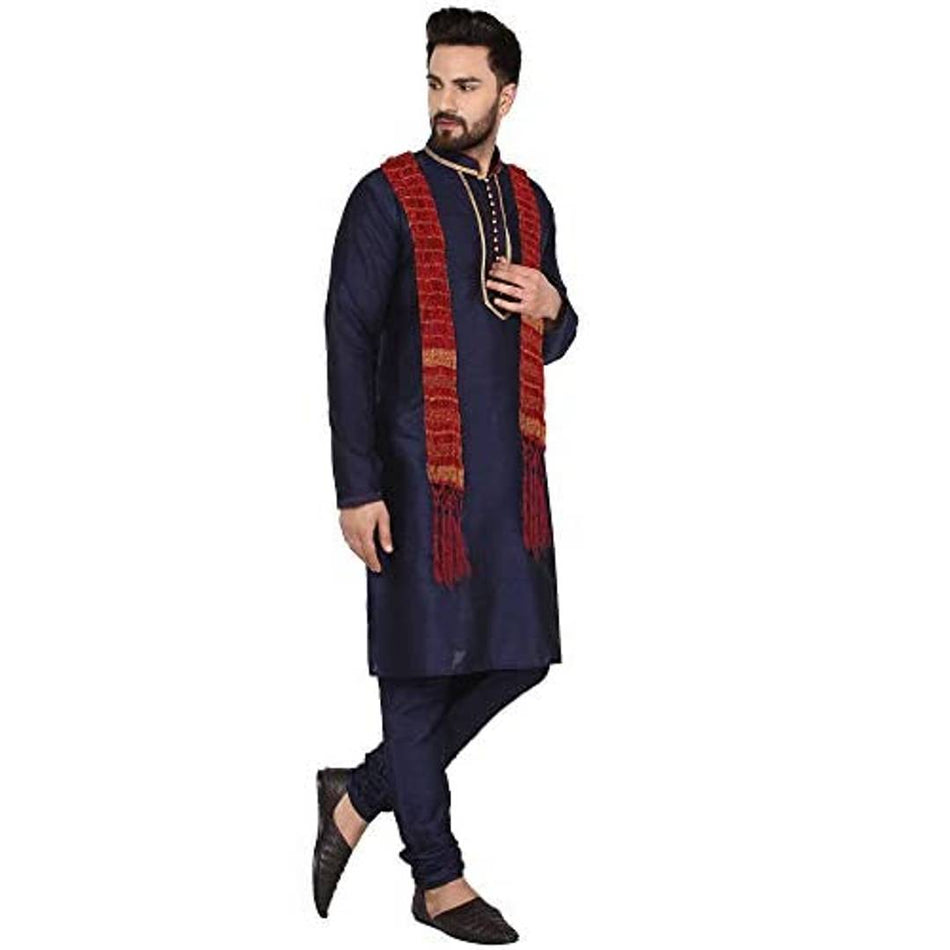 SKAVIJ Men's Art Silk Kurta Pajama and Stole Traditional Outfits for Party Blue_Small