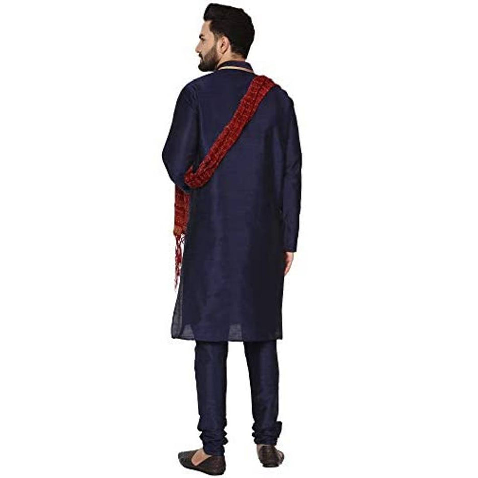 SKAVIJ Men's Art Silk Kurta Pajama and Stole Traditional Outfits for Party Blue_Small