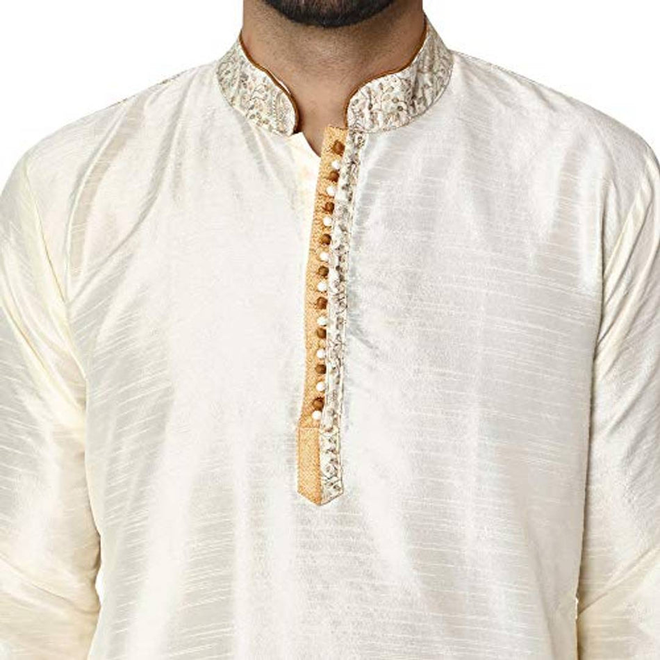 SKAVIJ Men's Art Silk Regular Kurta Pajama Stylish Traditional Clothing offwhite_Large