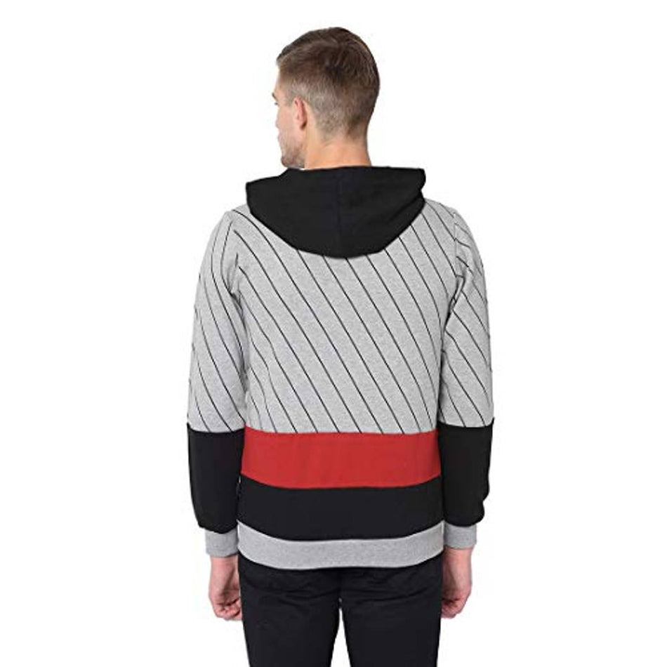 RIGO Grey Maroon Black Printed Stripe Colorblock Full Sleeve Hooded Sweatshirts Jacket for Men