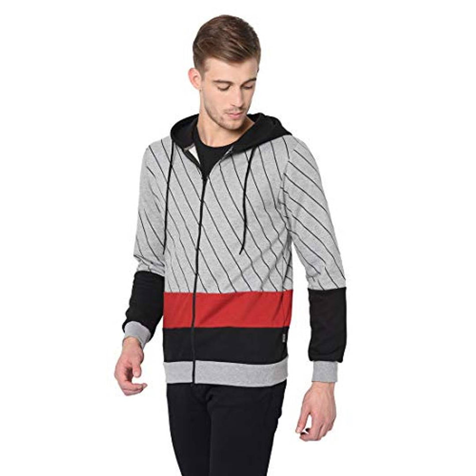 RIGO Grey Maroon Black Printed Stripe Colorblock Full Sleeve Hooded Sweatshirts Jacket for Men