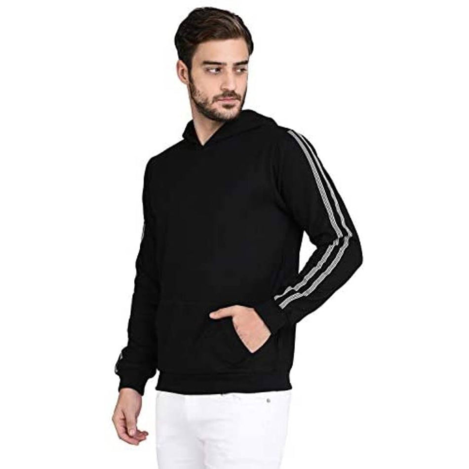 RIGO Black Fleece with Stripe Tape Patch On Sleeve Hooded Sweatshirt-Full