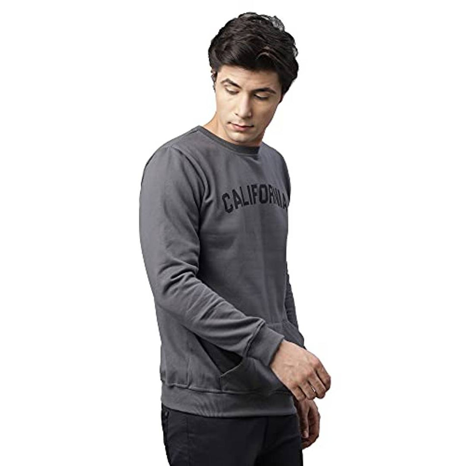 RIGO Men Dark Grey California Print Round Neck Fleece Sweatshirt