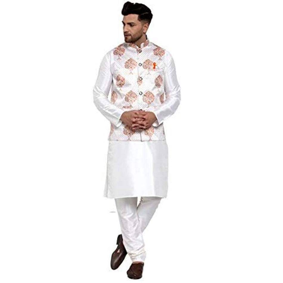 Jompers Men Silk-Blend Kurta Pyjama Set with Printed Nehru Jecket