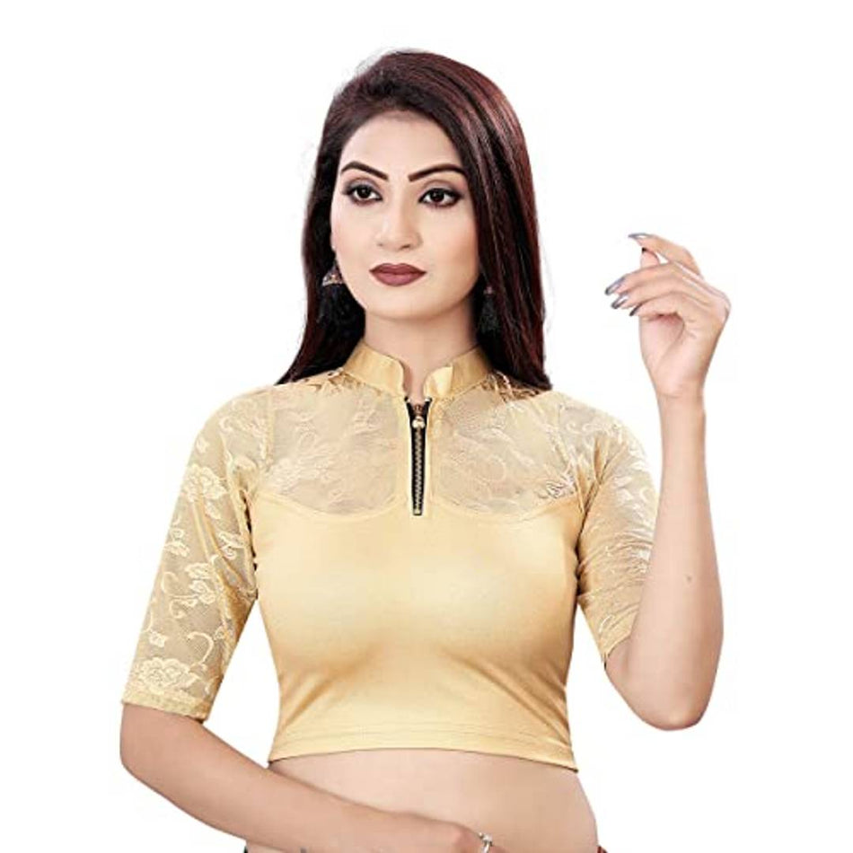 HIMALAY Women's High Neck Embriodered Gold Color Half Sleeve Fully Stitched Ready to Wear Saree Blouse.