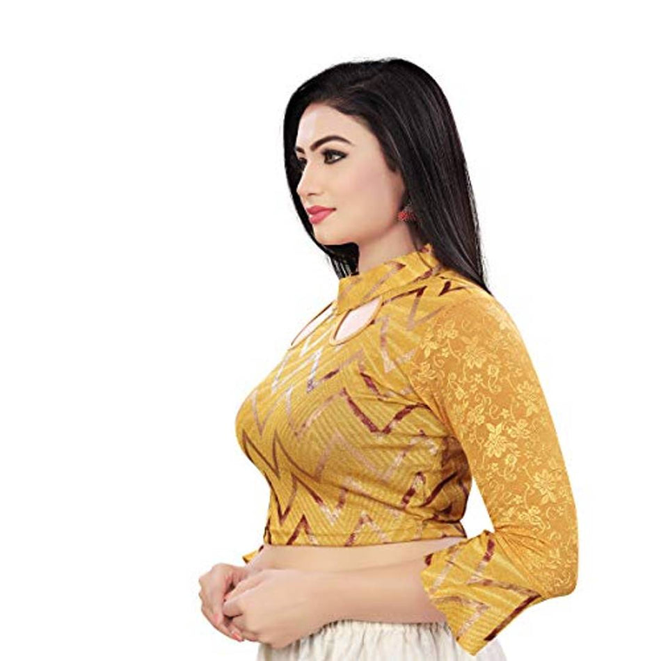 HIMALAY Women's Round Neck Printed Grey Color 3/4 Sleeve Fully Stitched Ready to Wear Saree Blouse.