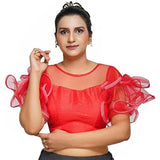 YAZU LIFESTYLE Women's Art Silk Ruffle Sleeve Readymade Blouse (SVFH-43_Red_Free Size)