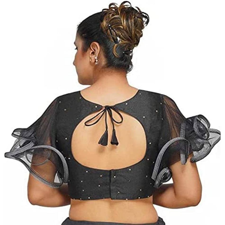 YAZU LIFESTYLE Women's Art Silk Ruffle Sleeve Readymade Blouse (SVFH-43_Black_Free Size)