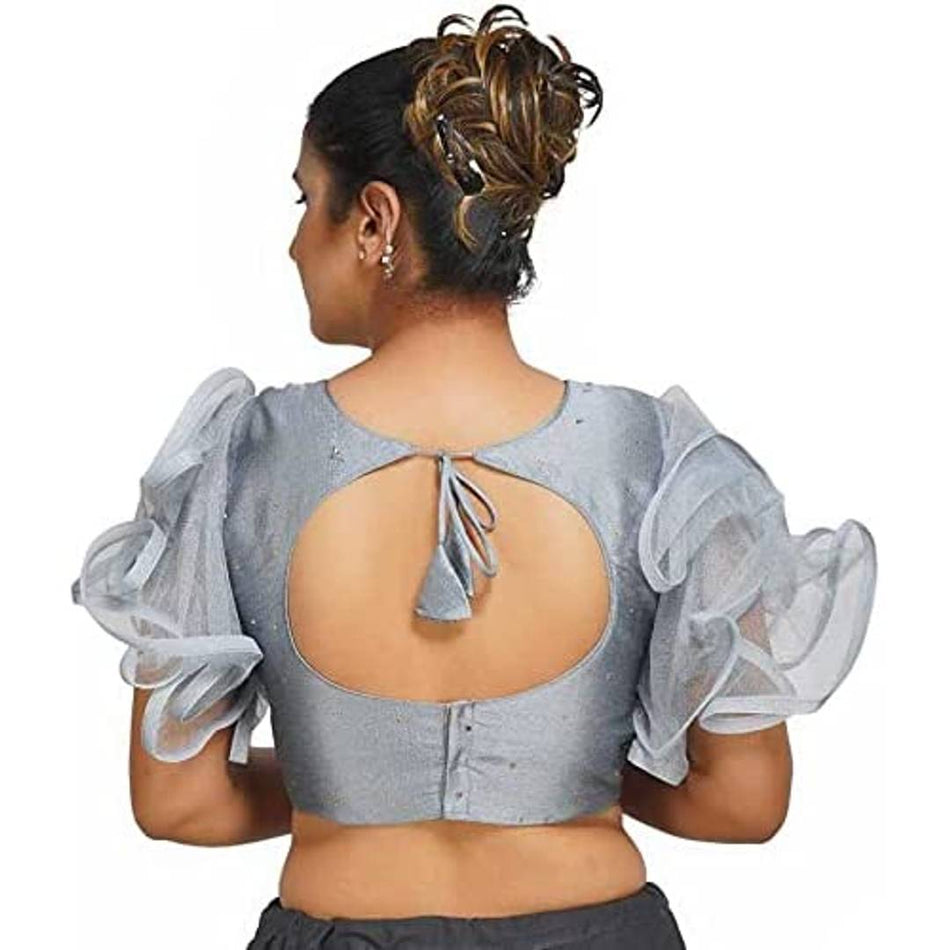 YAZU LIFESTYLE Women's Art Silk Ruffle Sleeve Readymade Blouse (SVFH-43_Grey_Free Size)