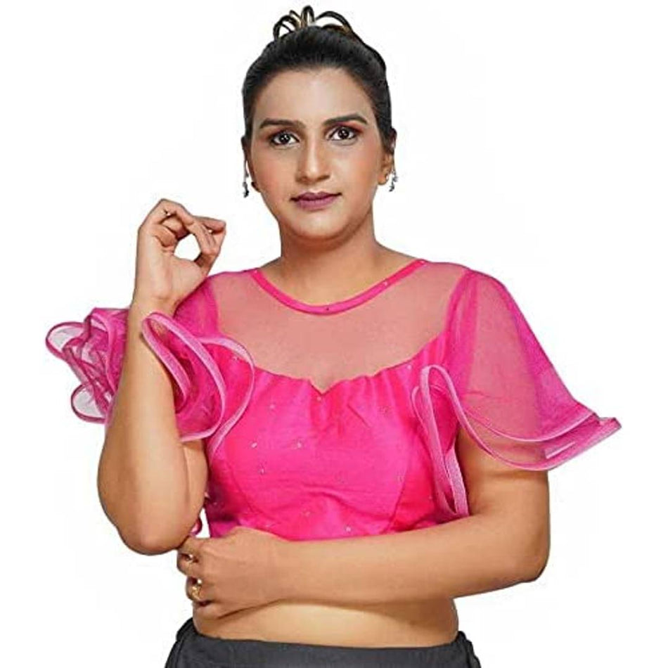 YAZU LIFESTYLE Women's Art Silk Ruffle Sleeve Readymade Blouse (SVFH-43_Pink_Free Size)