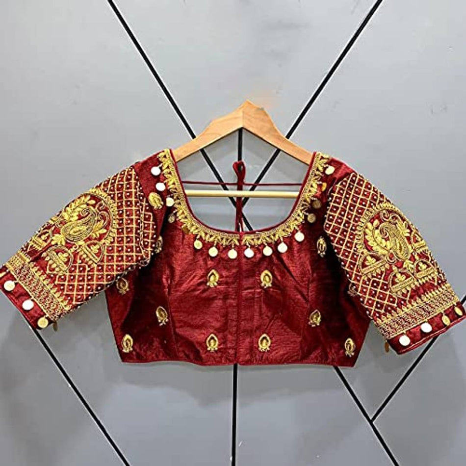 YAZU LIFESTYLE Women's u Neck Readymade Stitched Saree Blouse (Free Size) (Maroon)