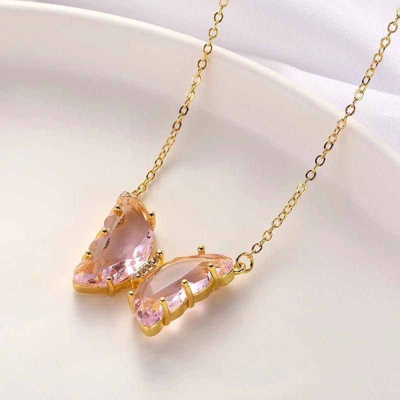 Vembley Lovely Gold Plated Pink Crystal Butterfly Pendant Chain