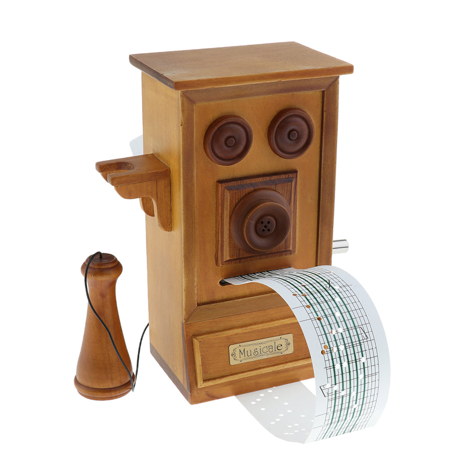 Antique Wooden Hand Cranked Telephone Designed Musical Box Craftsmanship Make Your Song, with Hole Puncher, Christmas Home Decoration